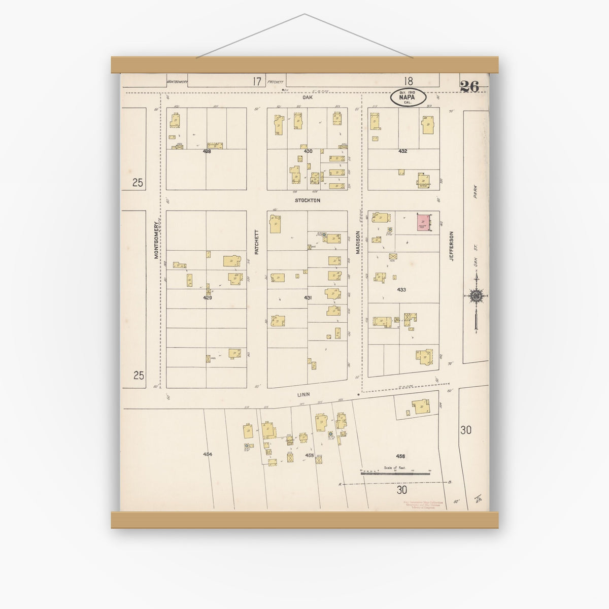 Old map wall art mockup — magnetic wood frame on white wall — Sanborn Fire Insurance Map from Napa, Napa County, California (1910), Sheet #0026