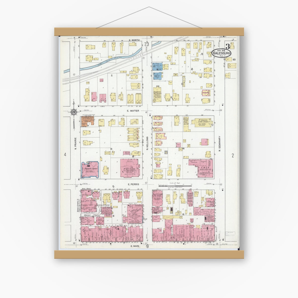 Old map wall art mockup — magnetic wood frame on white wall — Sanborn Fire Insurance Map from Galesburg, Knox County, Illinois (1918), Sheet #0003