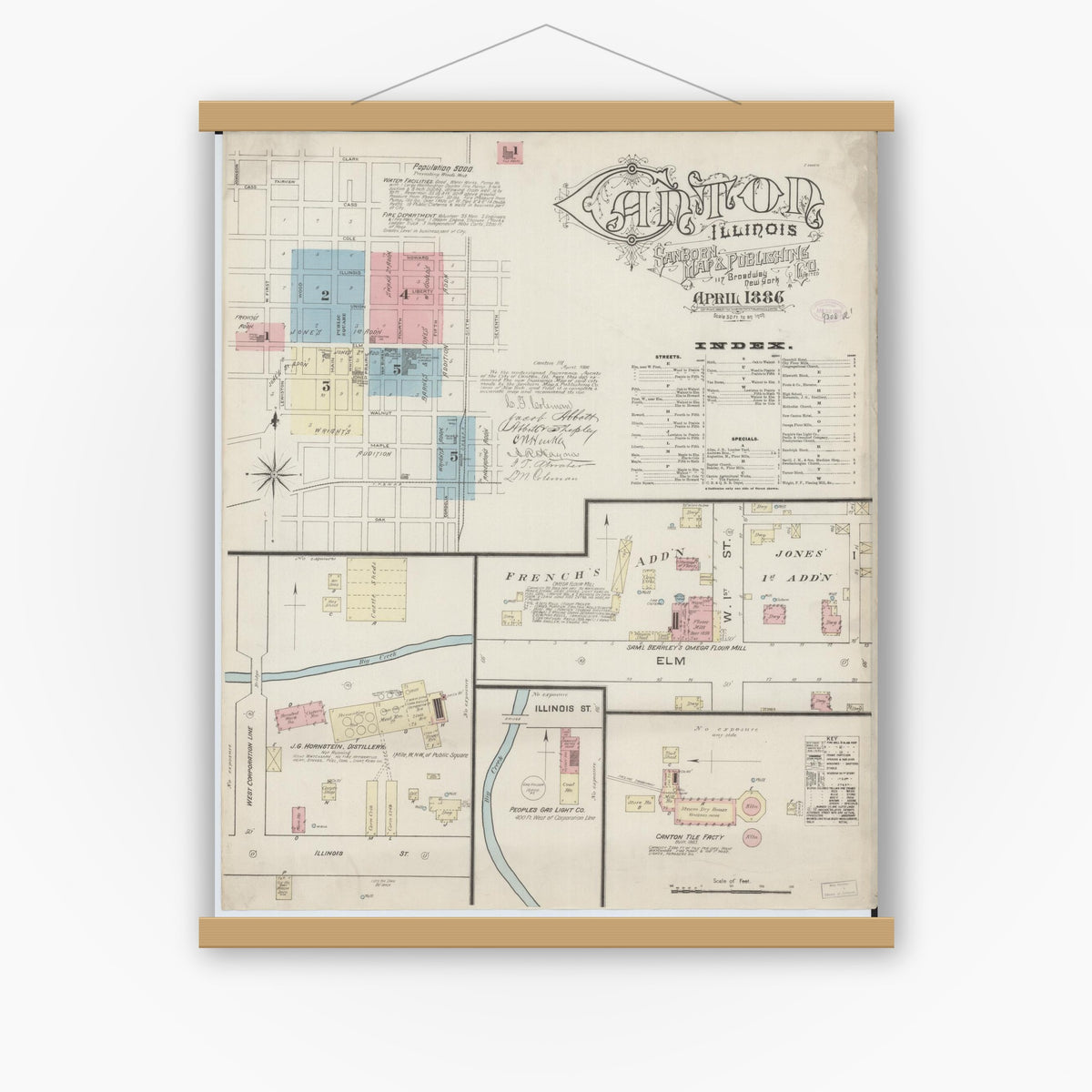 Old map wall art mockup — magnetic wood frame on white wall — Sanborn Fire Insurance Map from Canton, Fulton County, Illinois (1886) - Complete Map Set