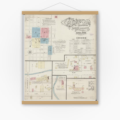 Old map wall art mockup — magnetic wood frame on white wall — Sanborn Fire Insurance Map from Canton, Fulton County, Illinois (1886) - Complete Map Set