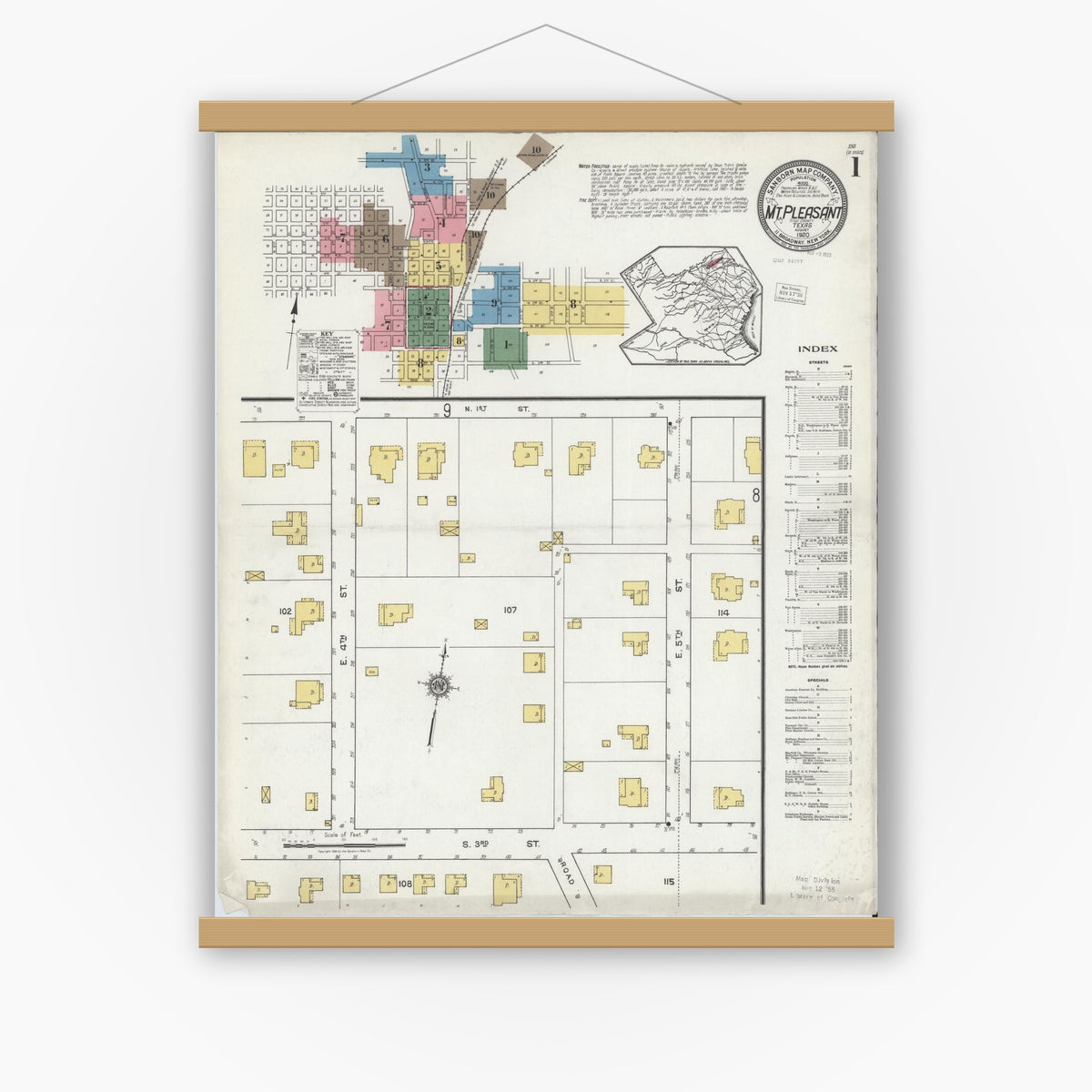 Old map wall art mockup — magnetic wood frame on white wall — Sanborn Fire Insurance Map from Mount Pleasant, Titus County, Texas (1920) - Complete Map Set
