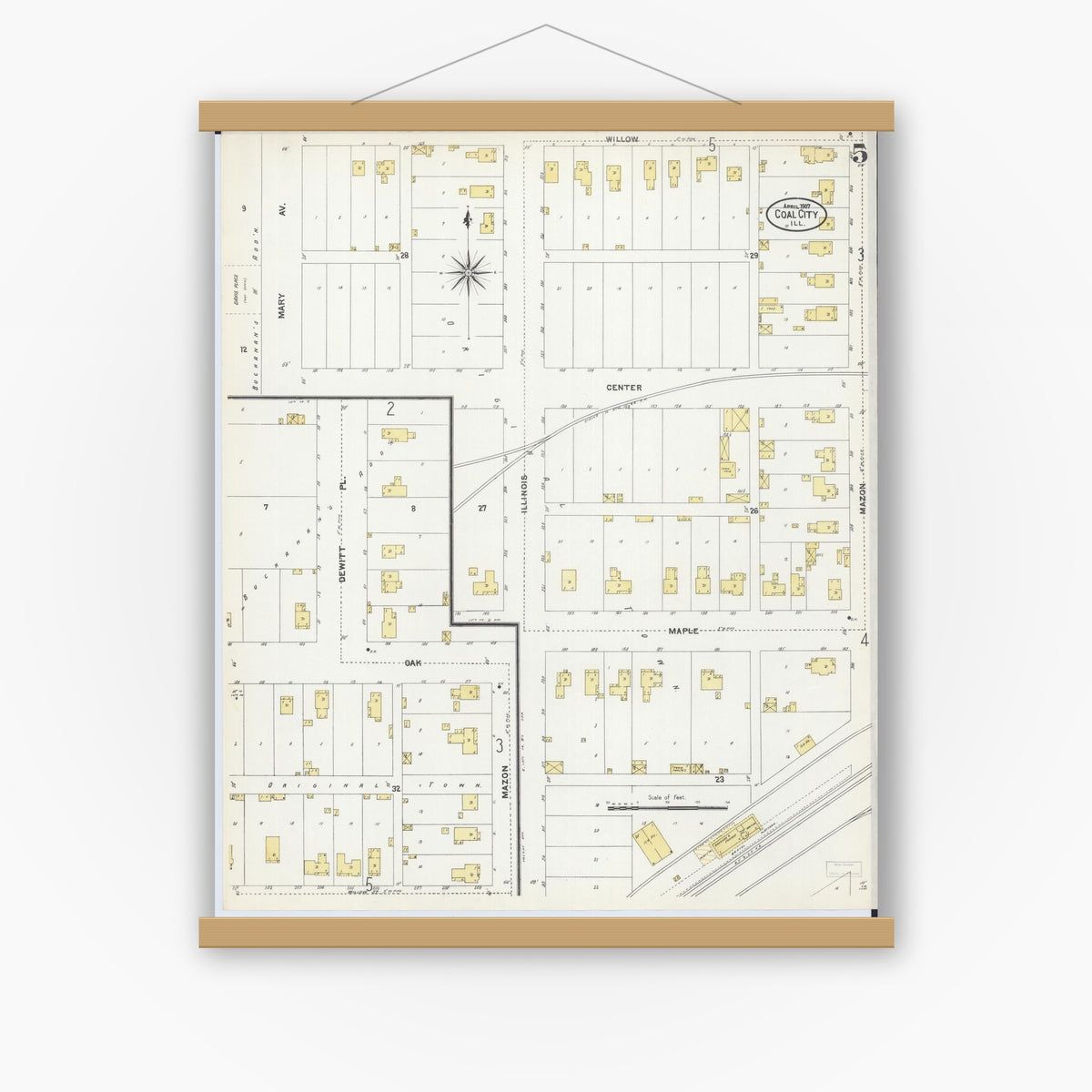 Old map wall art mockup — magnetic wood frame on white wall — Sanborn Fire Insurance Map from Coal City, Grundy County, Illinois (1907), Sheet #0005