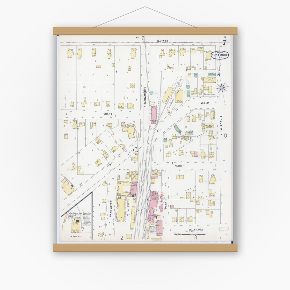 Old map wall art mockup — magnetic wood frame on white wall — Sanborn Fire Insurance Map from Sycamore, De Kalb County, Illinois (1896), Sheet #0007