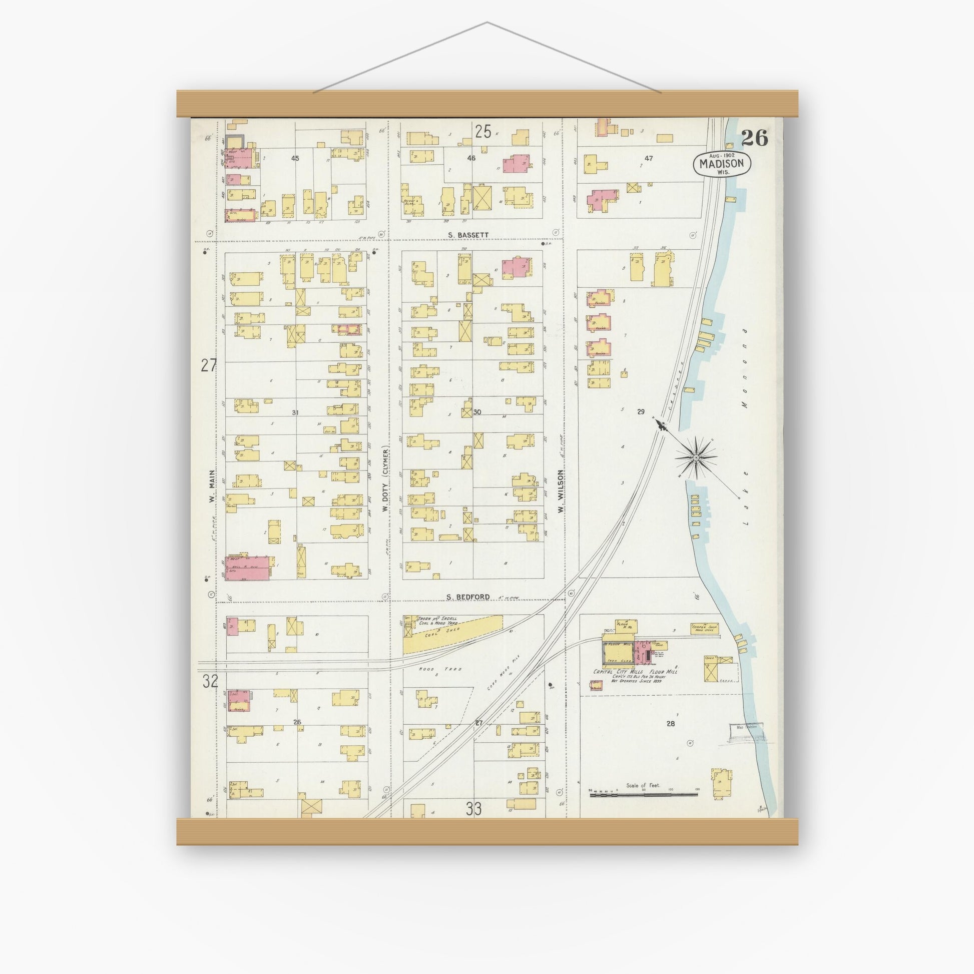 Old map wall art mockup — magnetic wood frame on white wall — Sanborn Fire Insurance Map from Madison, Dane County, Wisconsin (1902), Sheet #0026