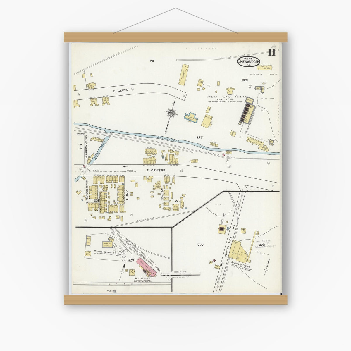 Old map wall art mockup — magnetic wood frame on white wall — Sanborn Fire Insurance Map from Shenandoah, Schuylkill County, Pennsylvania (1921), Sheet #0011