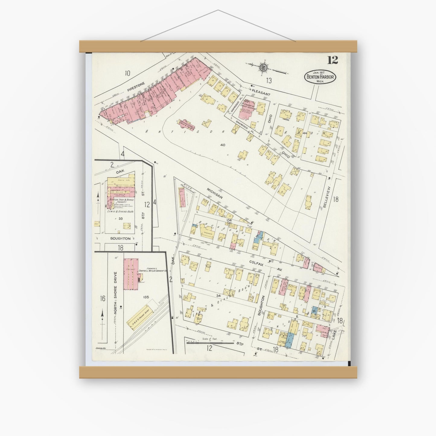 Old map wall art mockup — magnetic wood frame on white wall — Sanborn Fire Insurance Map from Benton Harbor, Berrien County, Michigan (1917), Sheet #0012