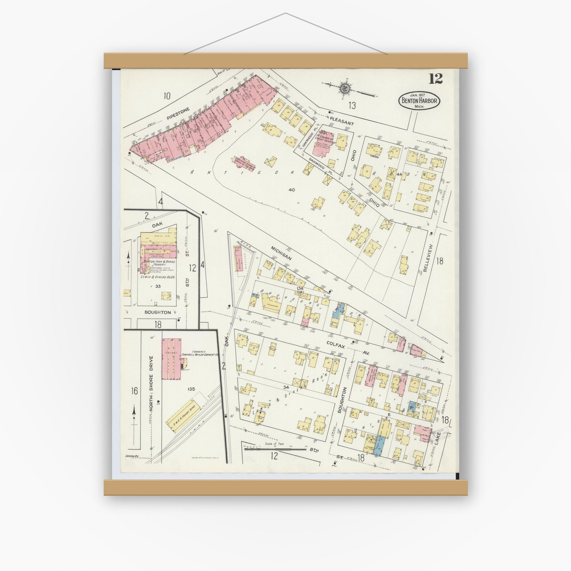 Old map wall art mockup — magnetic wood frame on white wall — Sanborn Fire Insurance Map from Benton Harbor, Berrien County, Michigan (1917), Sheet #0012