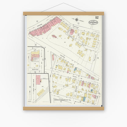Old map wall art mockup — magnetic wood frame on white wall — Sanborn Fire Insurance Map from Benton Harbor, Berrien County, Michigan (1917), Sheet #0012