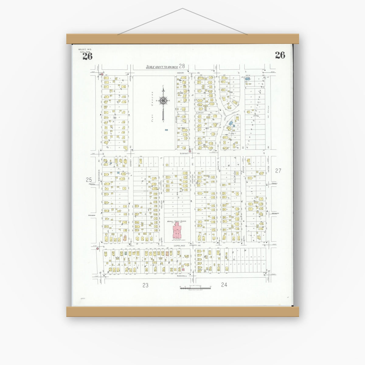 Old map wall art mockup — magnetic wood frame on white wall — Sanborn Fire Insurance Map from Beloit, Rock County, Wisconsin (1939), Sheet #0026