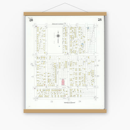 Old map wall art mockup — magnetic wood frame on white wall — Sanborn Fire Insurance Map from Beloit, Rock County, Wisconsin (1939), Sheet #0026