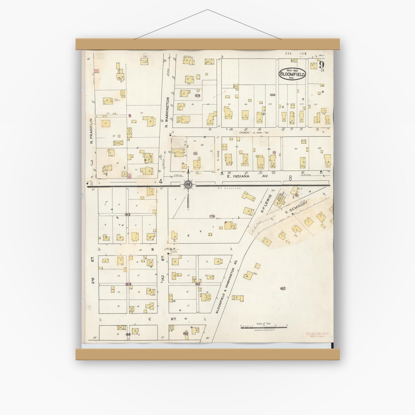 Old map wall art mockup — magnetic wood frame on white wall — Sanborn Fire Insurance Map from Bloomfield, Greene County, Indiana (1940), Sheet #0009