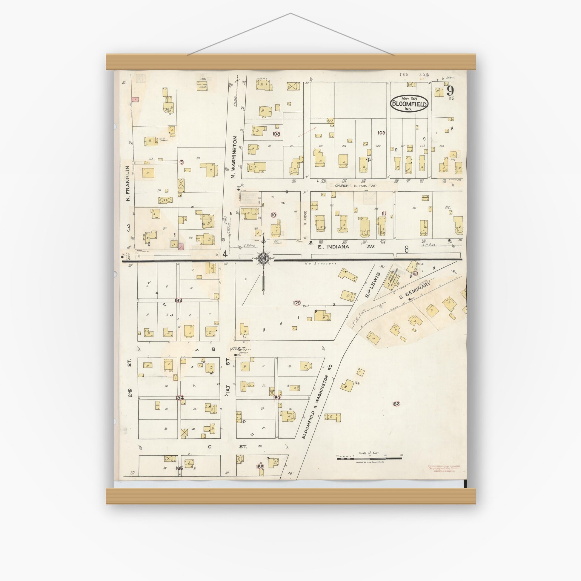 Old map wall art mockup — magnetic wood frame on white wall — Sanborn Fire Insurance Map from Bloomfield, Greene County, Indiana (1940), Sheet #0009
