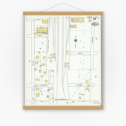 Old map wall art mockup — magnetic wood frame on white wall — Sanborn Fire Insurance Map from McKinney, Collin County, Texas (1920), Sheet #0014