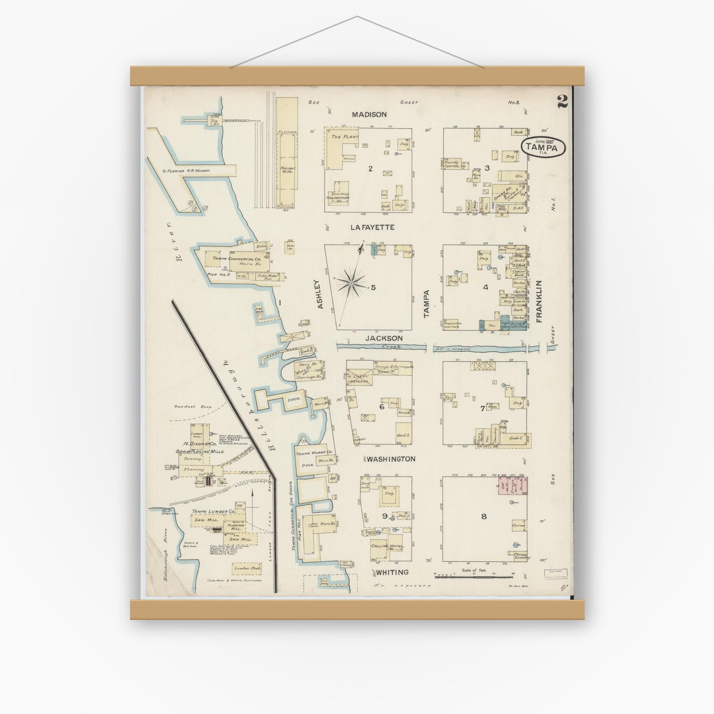 Old map wall art mockup — magnetic wood frame on white wall — Sanborn Fire Insurance Map from Tampa, Hillsborough County, Florida (1887), Sheet #0002