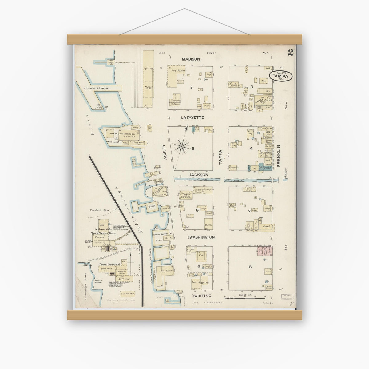 Old map wall art mockup — magnetic wood frame on white wall — Sanborn Fire Insurance Map from Tampa, Hillsborough County, Florida (1887), Sheet #0002