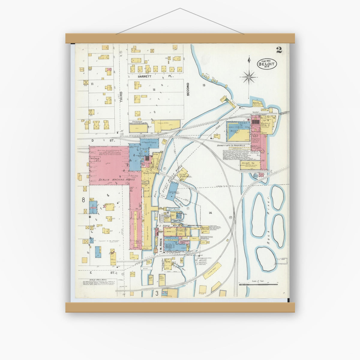 Old map wall art mockup — magnetic wood frame on white wall — Sanborn Fire Insurance Map from Beloit, Rock County, Wisconsin (1902), Sheet #0002