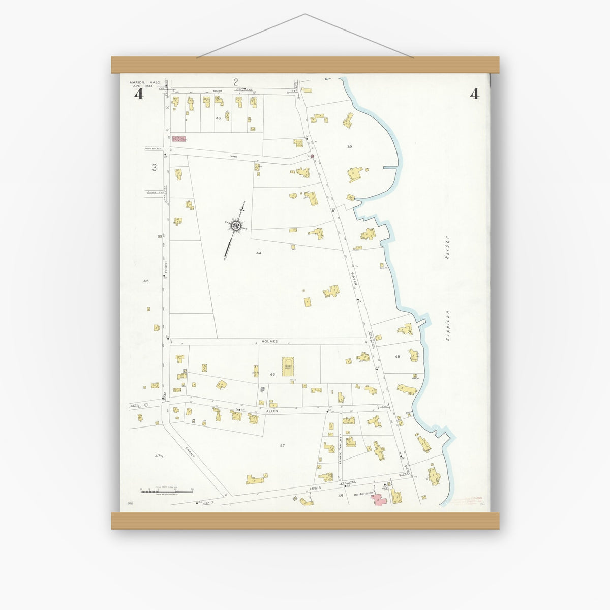 Old map wall art mockup — magnetic wood frame on white wall — Sanborn Fire Insurance Map from Marion, Plymouth County, Massachusetts (1933), Sheet #0004