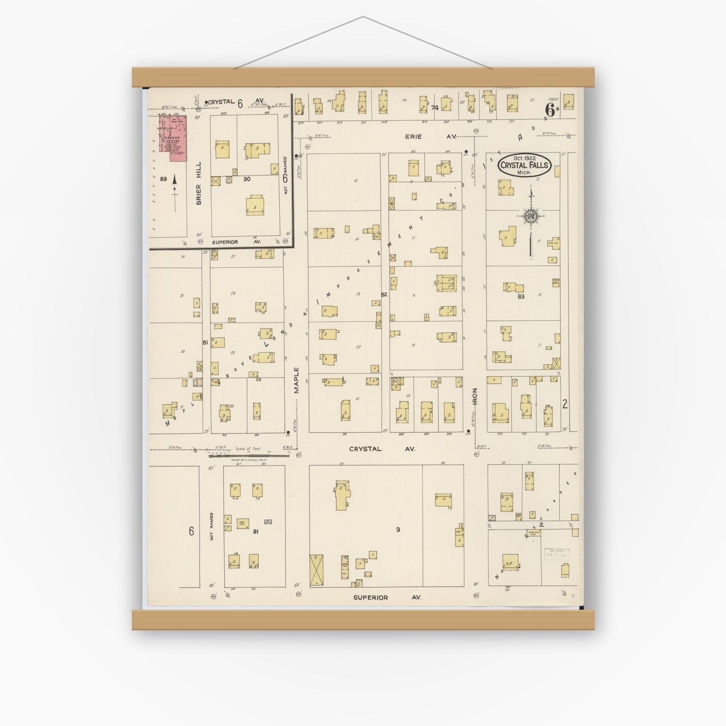 Old map wall art mockup — magnetic wood frame on white wall — Sanborn Fire Insurance Map from Crystal Falls, Iron County, Michigan (1922), Sheet #0006