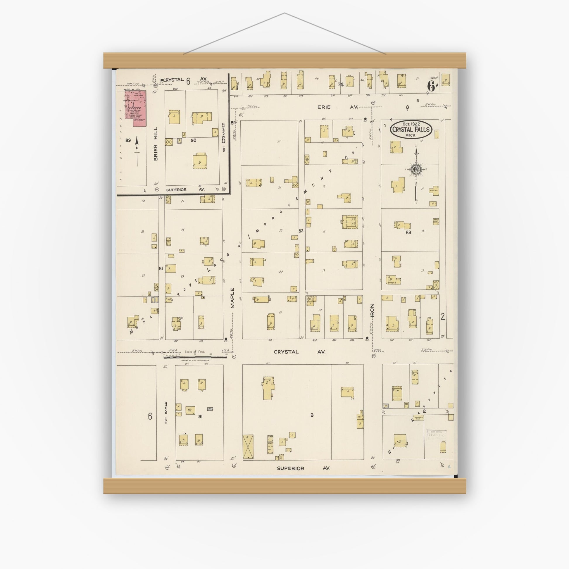 Old map wall art mockup — magnetic wood frame on white wall — Sanborn Fire Insurance Map from Crystal Falls, Iron County, Michigan (1922), Sheet #0006