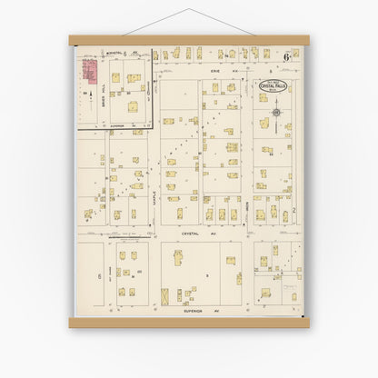 Old map wall art mockup — magnetic wood frame on white wall — Sanborn Fire Insurance Map from Crystal Falls, Iron County, Michigan (1922), Sheet #0006
