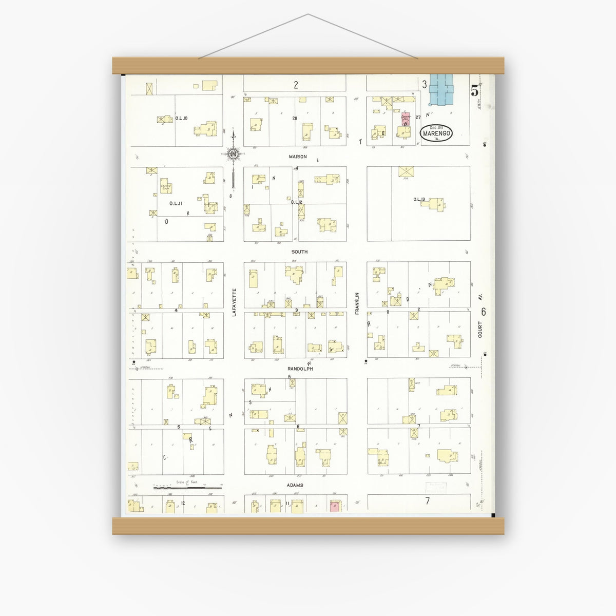Old map wall art mockup — magnetic wood frame on white wall — Sanborn Fire Insurance Map from Marengo, Iowa County, Iowa (1911), Sheet #0005