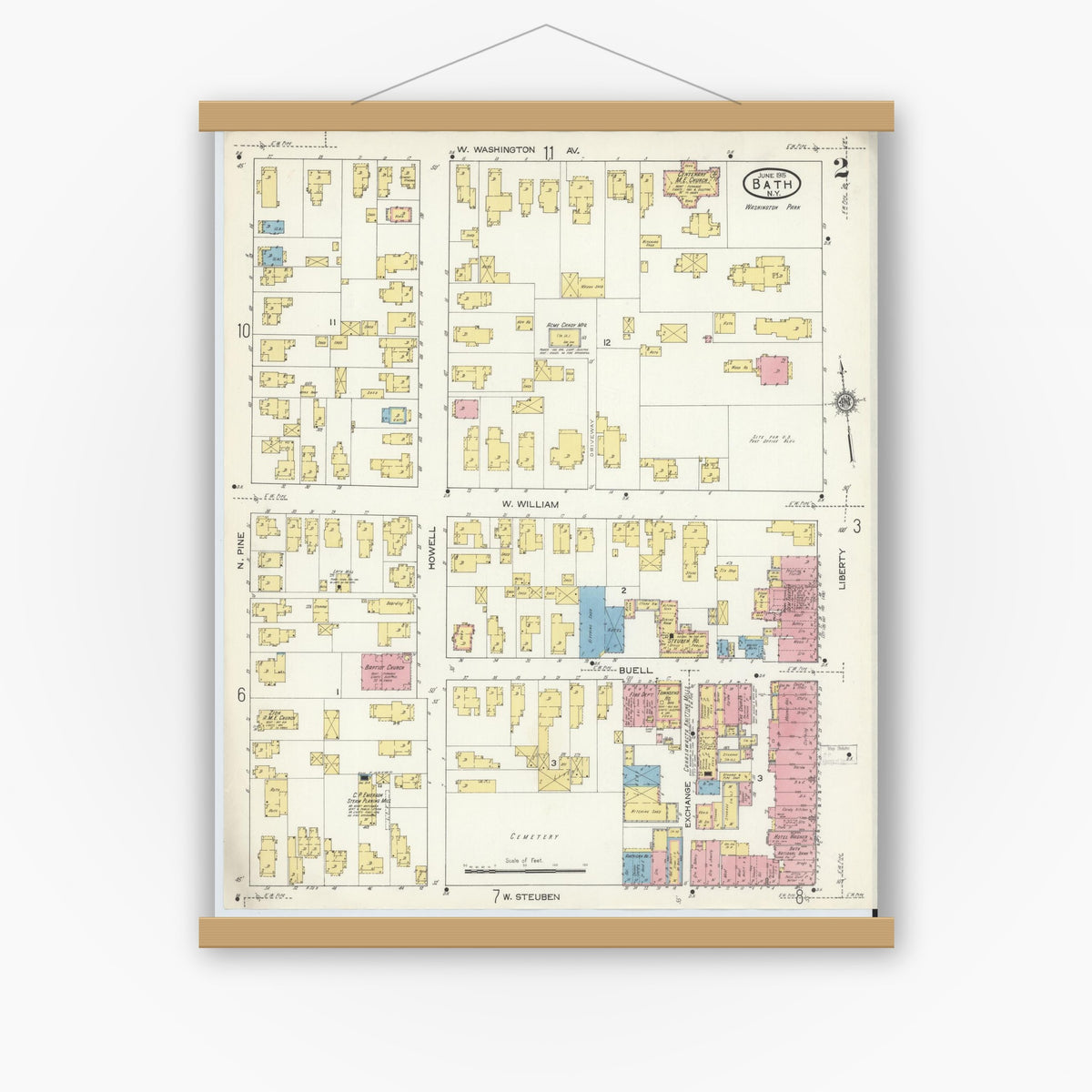 Old map wall art mockup — magnetic wood frame on white wall — Sanborn Fire Insurance Map from Bath, Steuben County, New York (1915), Sheet #0002