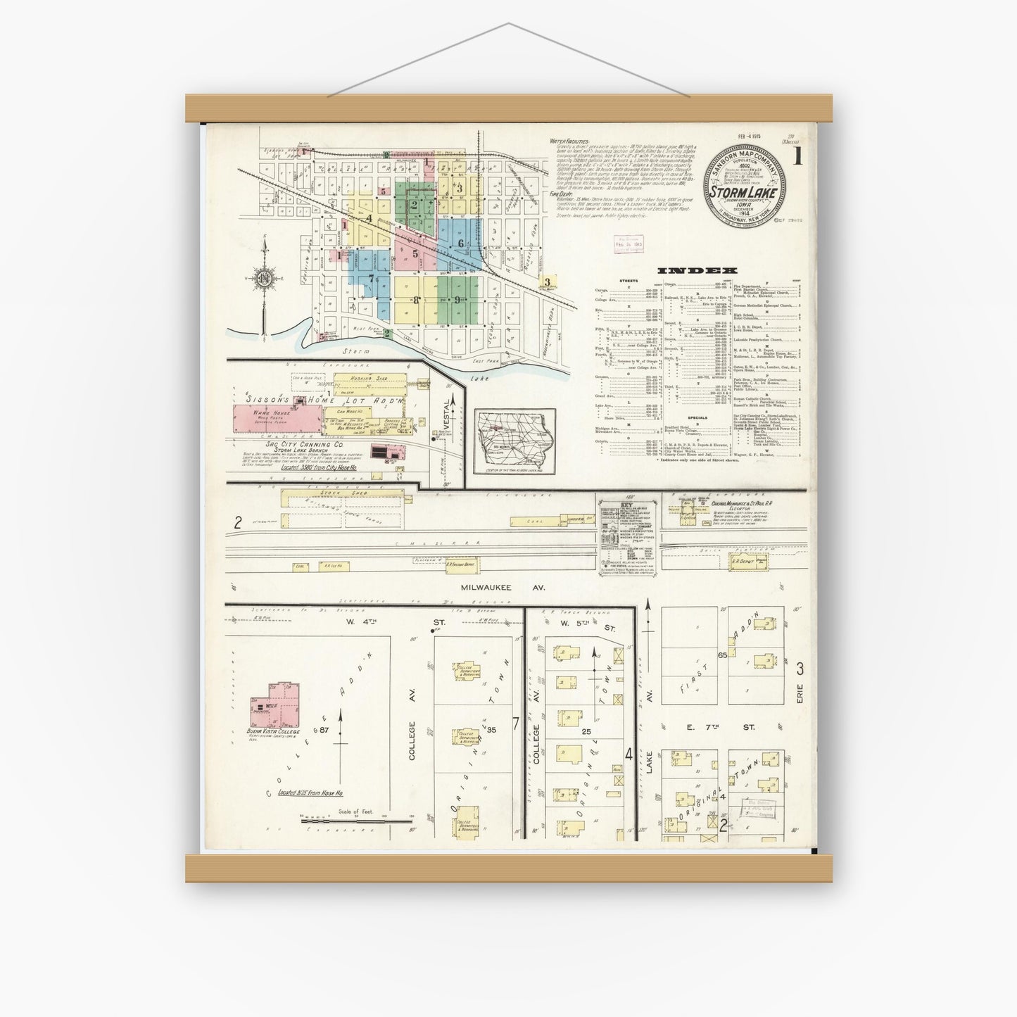 Old map wall art mockup — magnetic wood frame on white wall — Sanborn Fire Insurance Map from Storm Lake, Buena Vista County, Iowa (1914), Sheet #0001