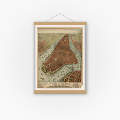 Old map wall art mockup — magnetic wood frame on white wall — The city of New York. (1879)