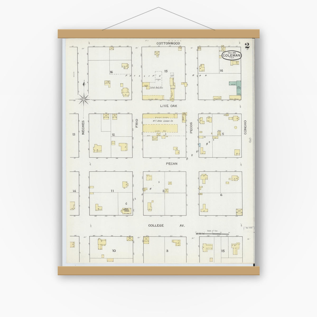 Old map wall art mockup — magnetic wood frame on white wall — Sanborn Fire Insurance Map from Coleman, Coleman County, Texas (1893), Sheet #0002