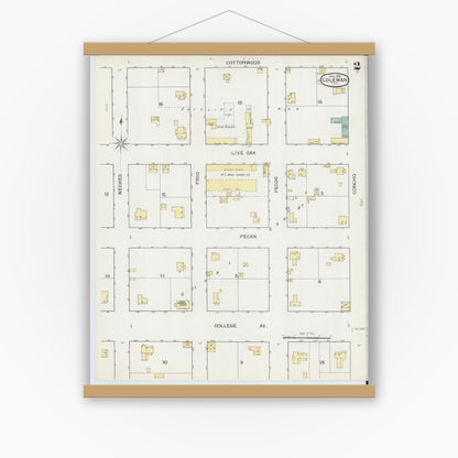 Old map wall art mockup — magnetic wood frame on white wall — Sanborn Fire Insurance Map from Coleman, Coleman County, Texas (1893), Sheet #0002