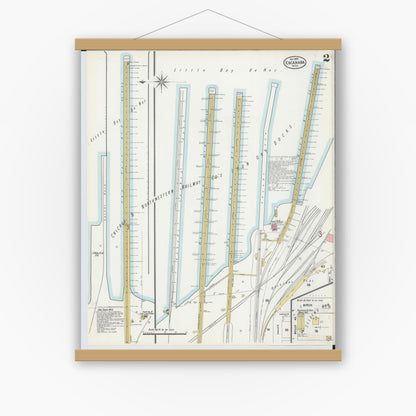 Old map wall art mockup — magnetic wood frame on white wall — Sanborn Fire Insurance Map from Escanaba, Delta County, Michigan (1899), Sheet #0002