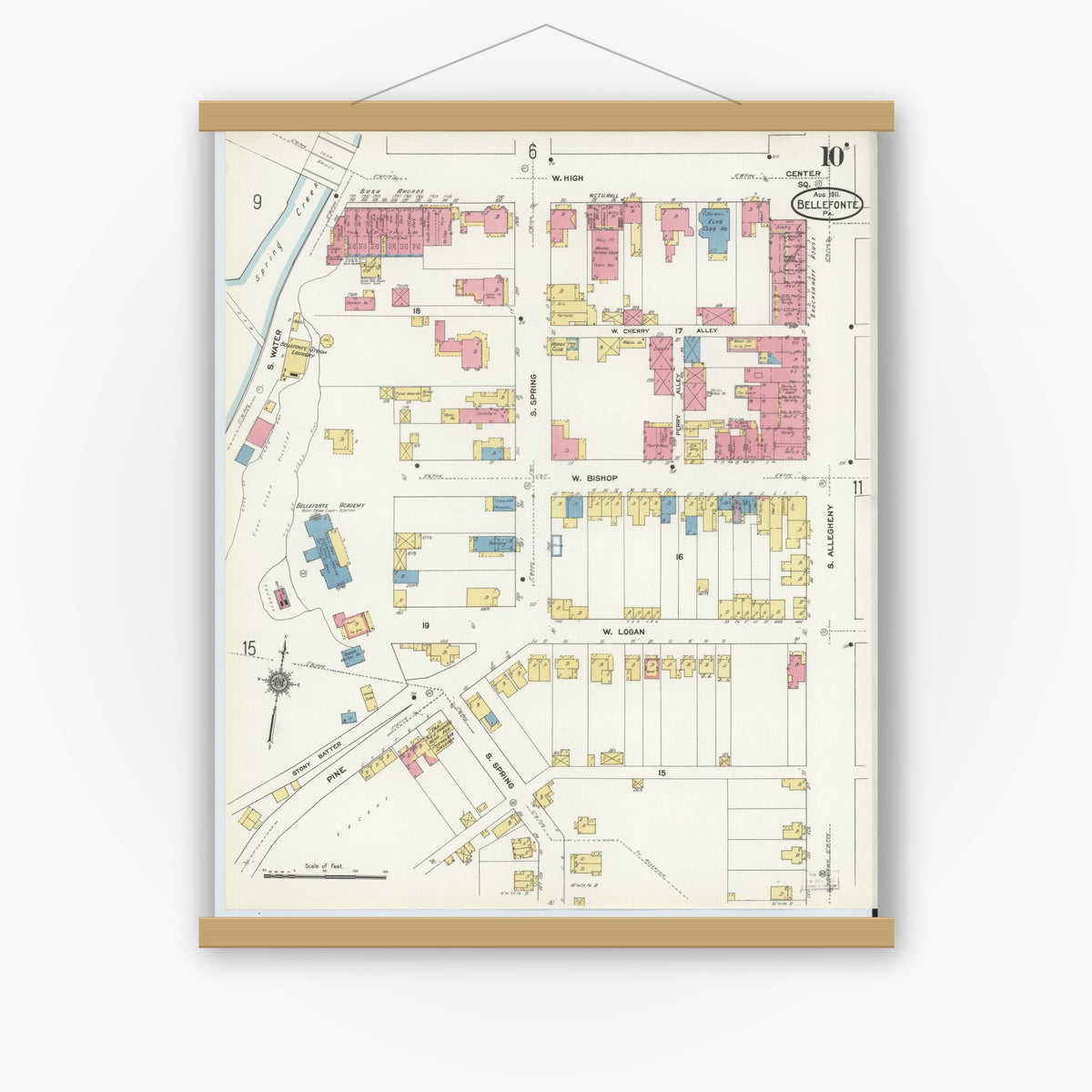 Old map wall art mockup — magnetic wood frame on white wall — Sanborn Fire Insurance Map from Bellefonte, Centre County, Pennsylvania (1911), Sheet #0010