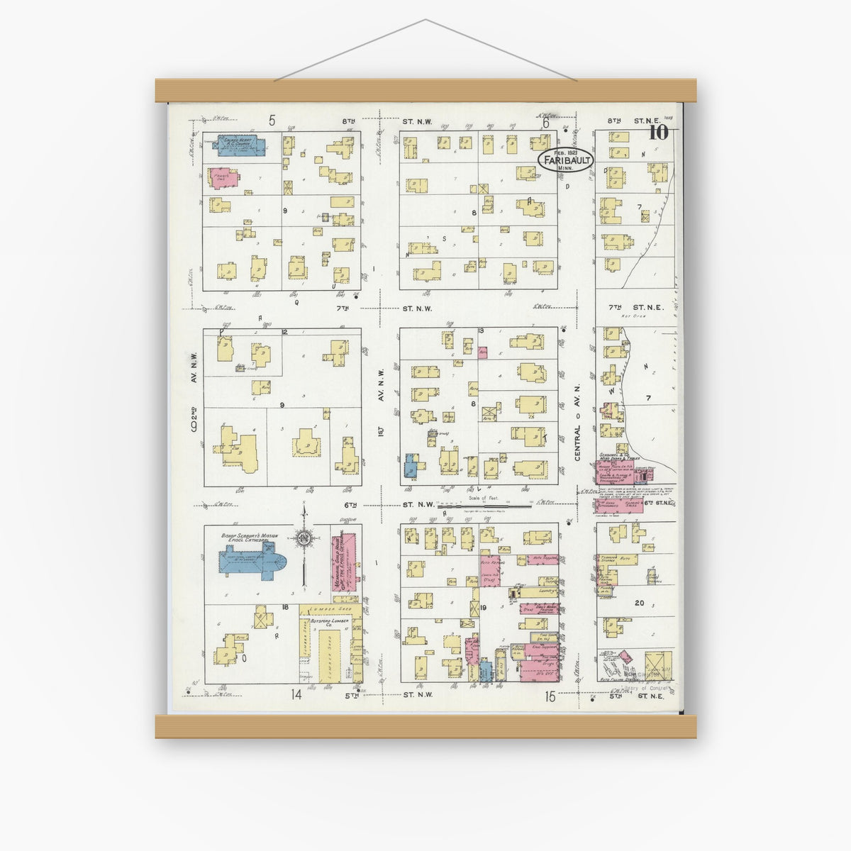 Old map wall art mockup — magnetic wood frame on white wall — Sanborn Fire Insurance Map from Faribault, Rice County, Minnesota (1921), Sheet #0010