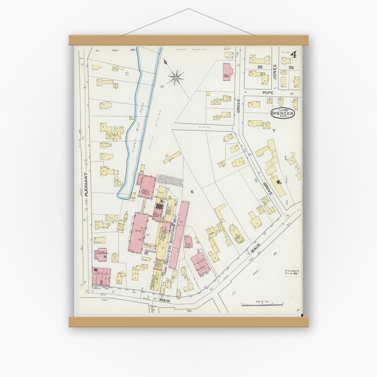 Old map wall art mockup — magnetic wood frame on white wall — Sanborn Fire Insurance Map from Spencer, Worcester County, Massachusetts (1892), Sheet #0004