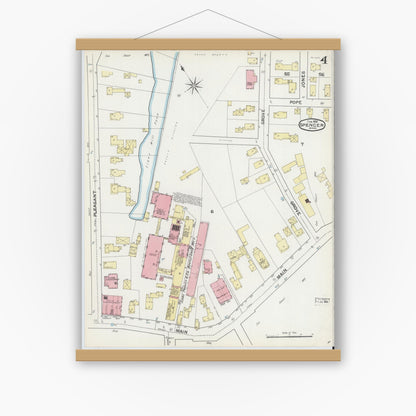 Old map wall art mockup — magnetic wood frame on white wall — Sanborn Fire Insurance Map from Spencer, Worcester County, Massachusetts (1892), Sheet #0004