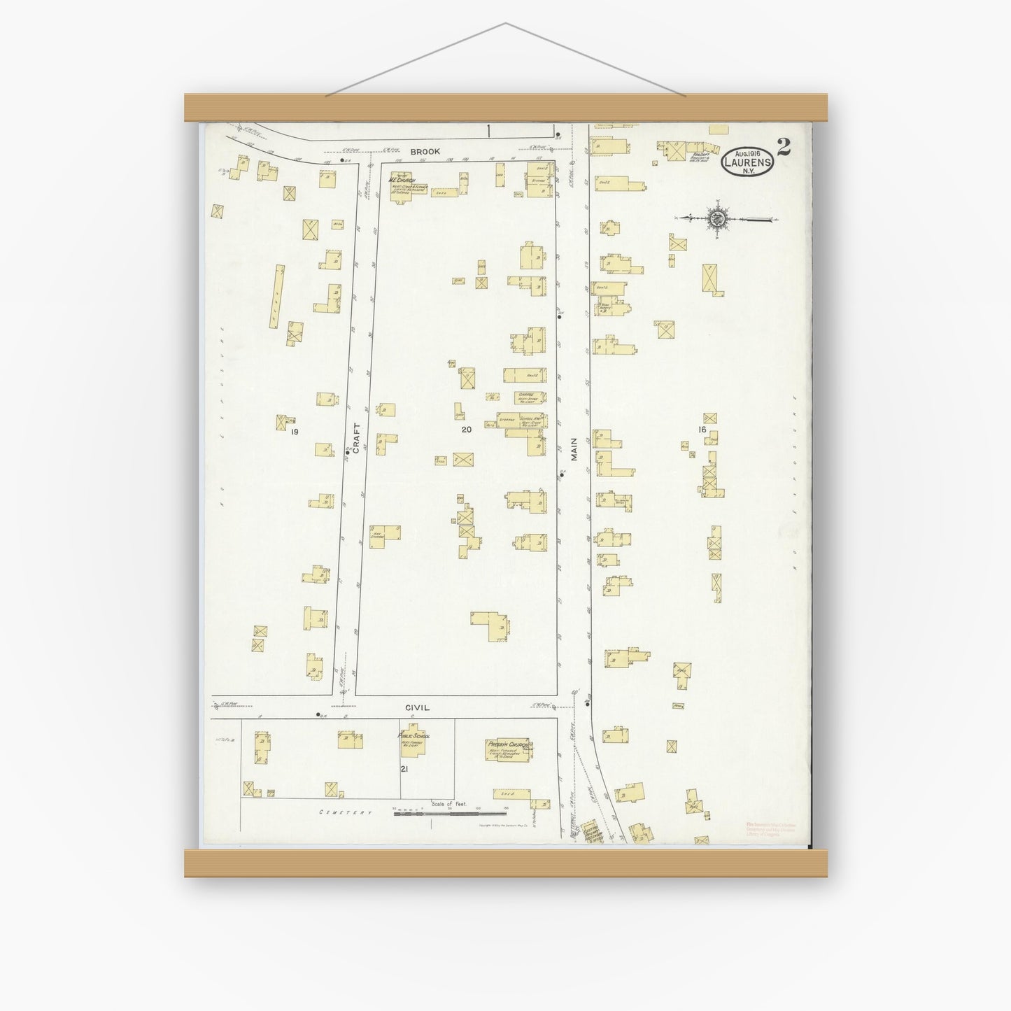 Old map wall art mockup — magnetic wood frame on white wall — Sanborn Fire Insurance Map from Laurens, Otsego County, New York (1916), Sheet #0002