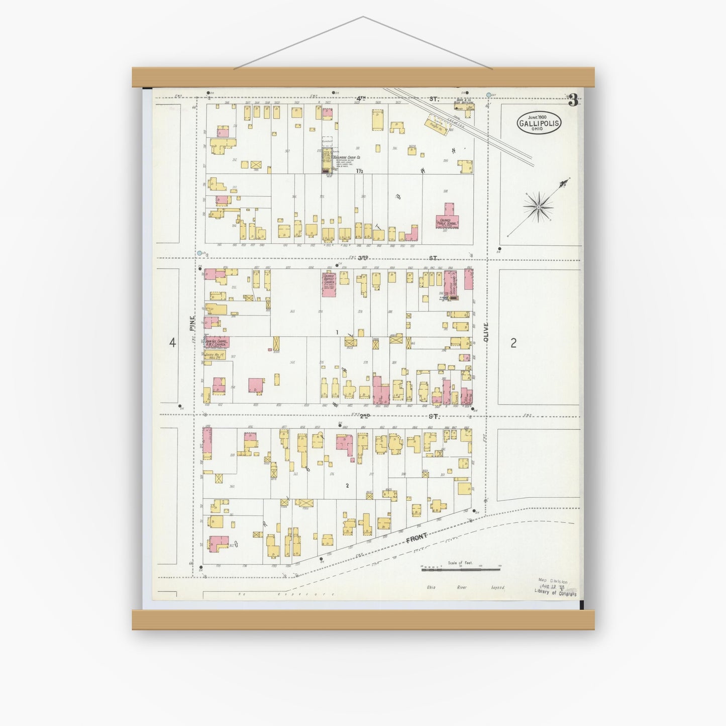 Old map wall art mockup — magnetic wood frame on white wall — Sanborn Fire Insurance Map from Gallipolis, Gallia County, Ohio (1900), Sheet #0003