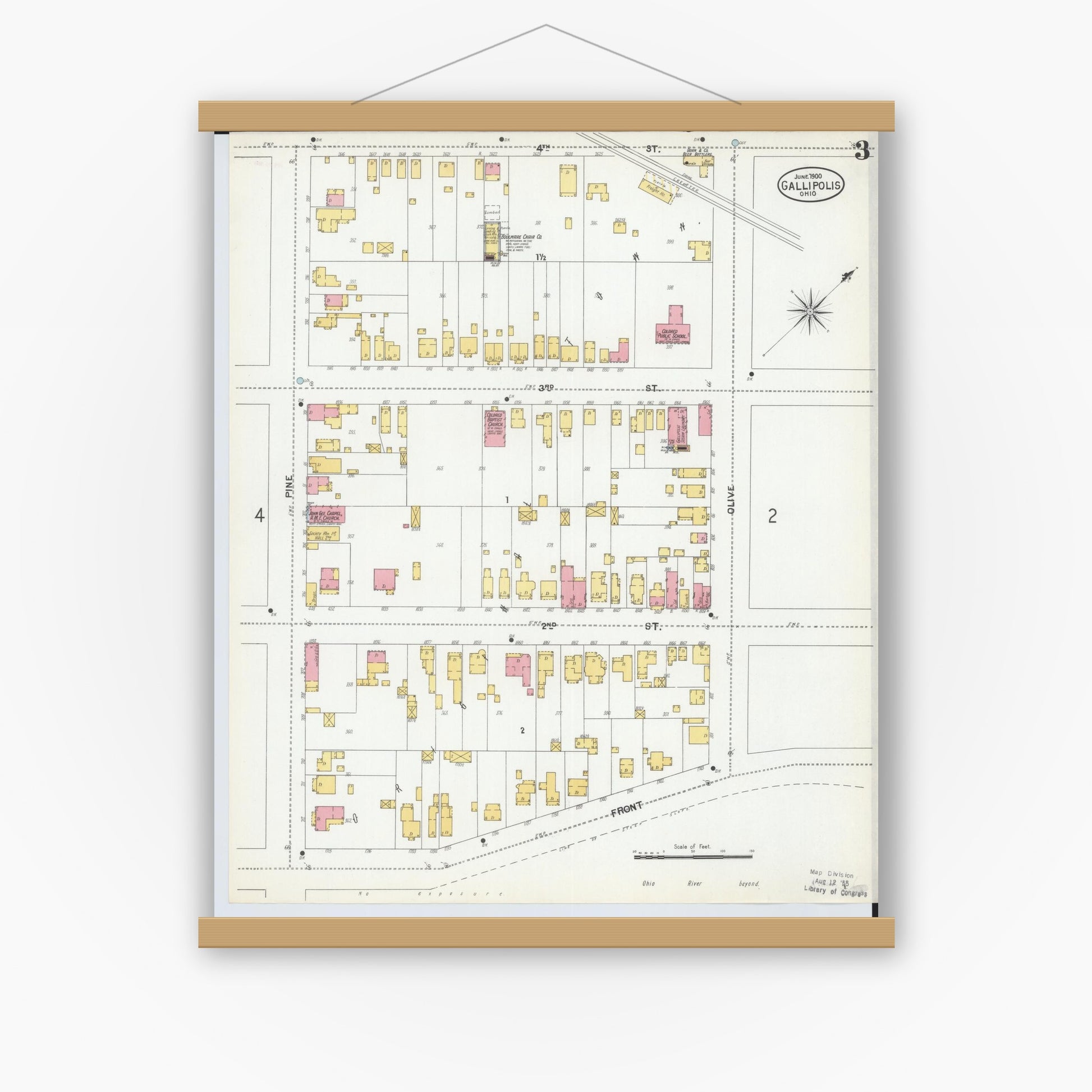 Old map wall art mockup — magnetic wood frame on white wall — Sanborn Fire Insurance Map from Gallipolis, Gallia County, Ohio (1900), Sheet #0003