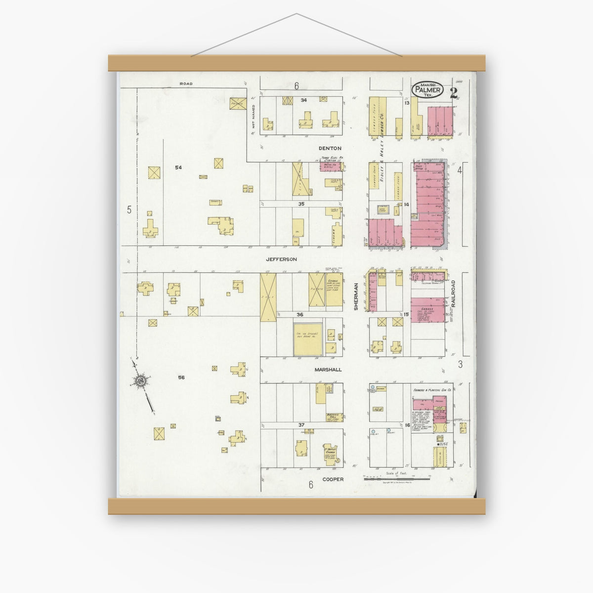 Old map wall art mockup — magnetic wood frame on white wall — Sanborn Fire Insurance Map from Palmer, Ellis County, Texas (1921), Sheet #0002
