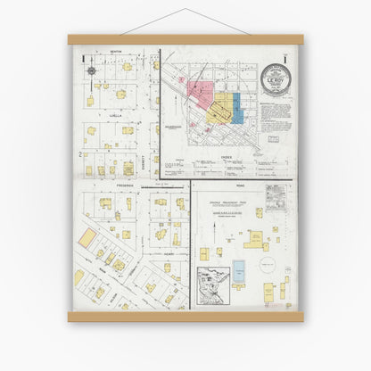 Old map wall art mockup — magnetic wood frame on white wall — Sanborn Fire Insurance Map from Le Roy, Mower County, Minnesota (1927) - Complete Map Set