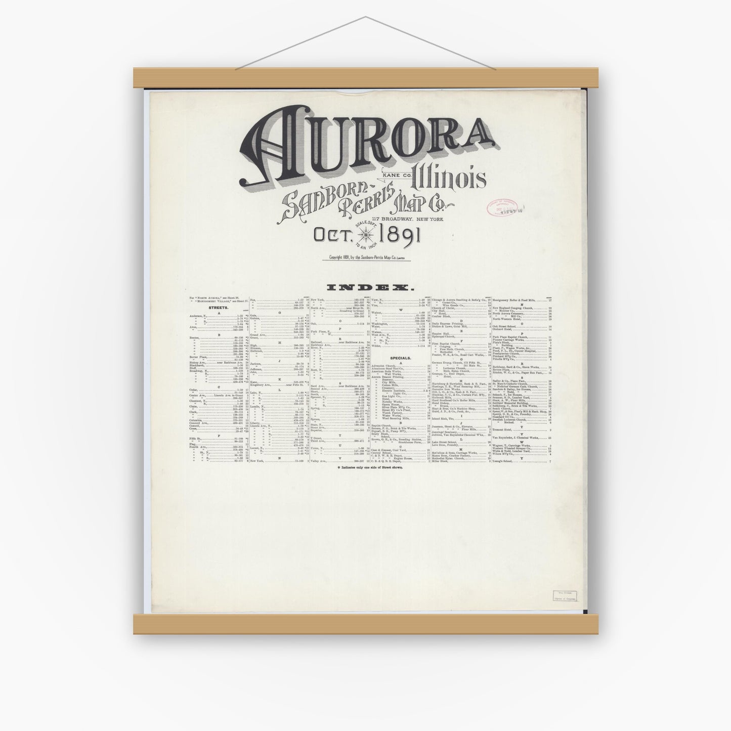 Old map wall art mockup — magnetic wood frame on white wall — Sanborn Fire Insurance Map from Aurora, Kane County, Illinois (1891), Sheet #0001