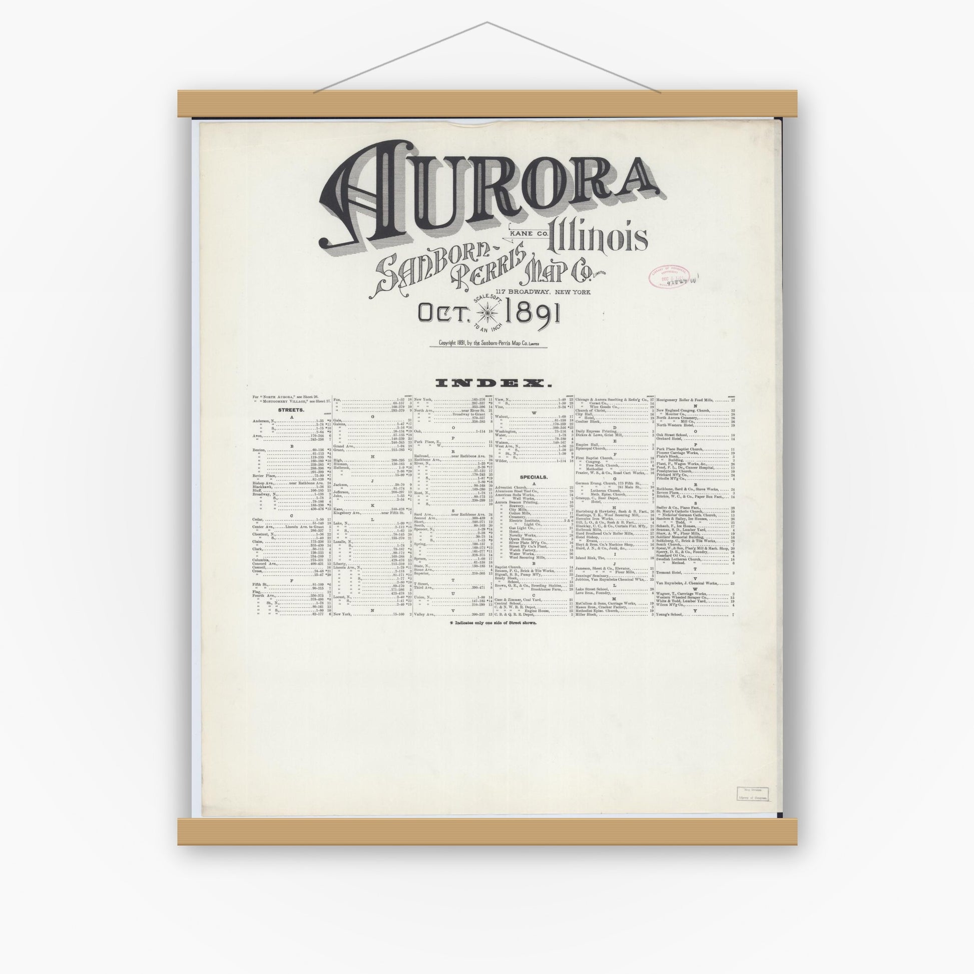 Old map wall art mockup — magnetic wood frame on white wall — Sanborn Fire Insurance Map from Aurora, Kane County, Illinois (1891), Sheet #0001