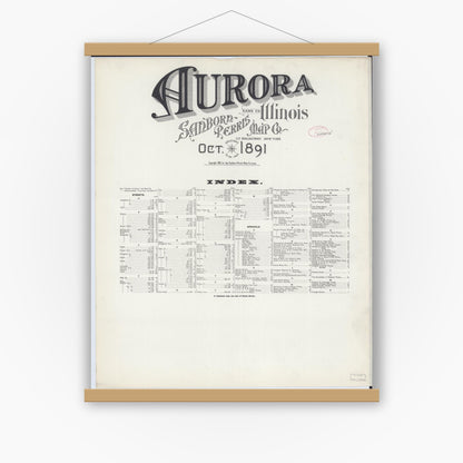 Old map wall art mockup — magnetic wood frame on white wall — Sanborn Fire Insurance Map from Aurora, Kane County, Illinois (1891), Sheet #0001