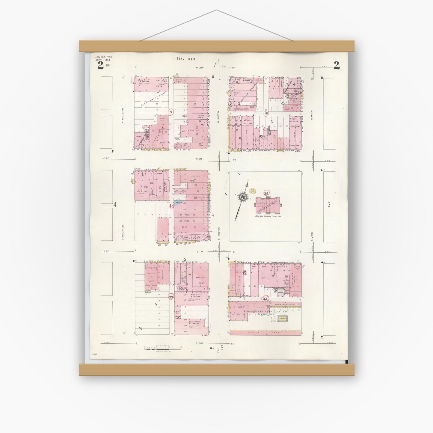Old map wall art mockup — magnetic wood frame on white wall — Sanborn Fire Insurance Map from Lamesa, Dawson County, Texas (1948), Sheet #0002
