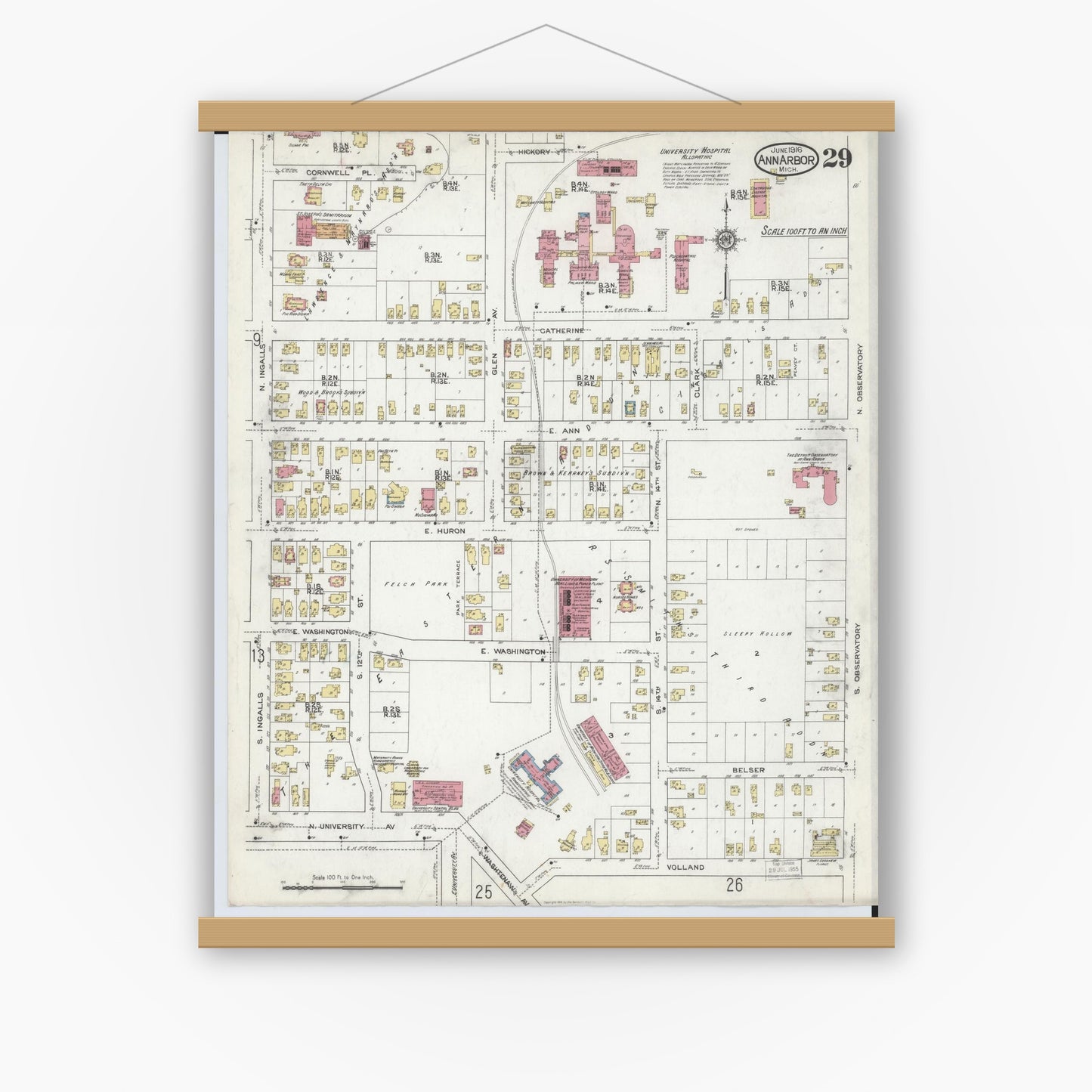 Old map wall art mockup — magnetic wood frame on white wall — Sanborn Fire Insurance Map from Ann Arbor, Washtenaw County, Michigan (1916), Sheet #0029