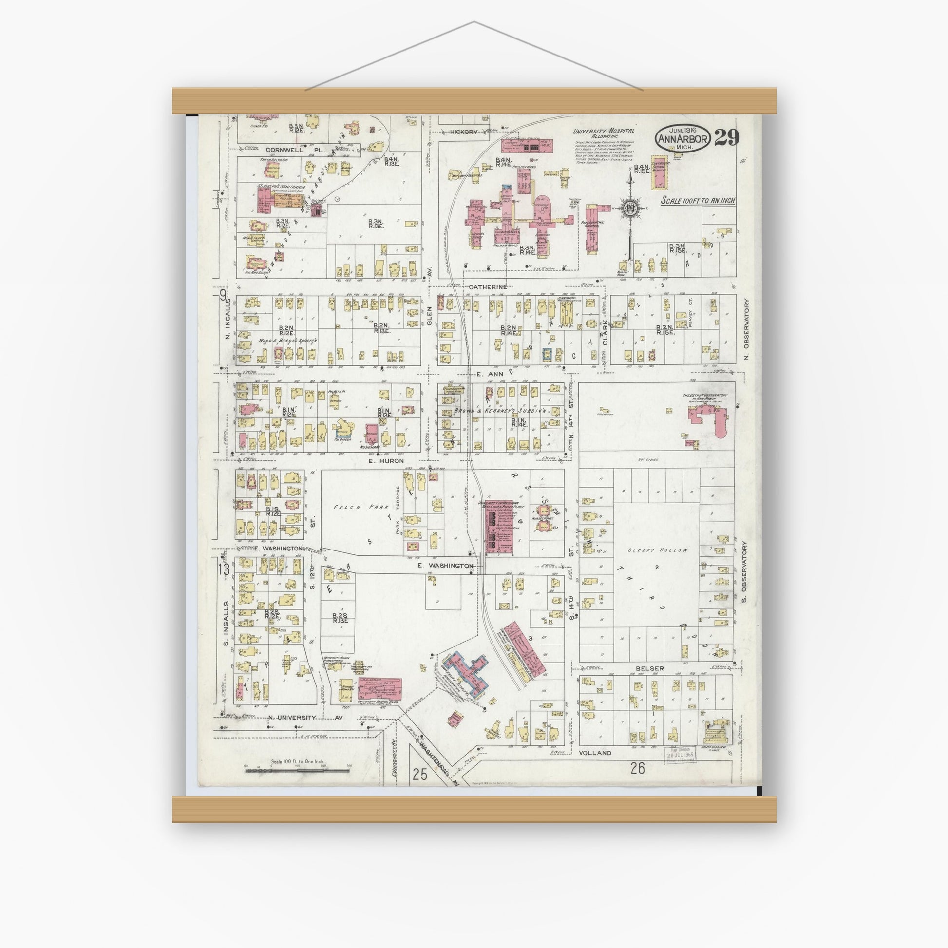 Old map wall art mockup — magnetic wood frame on white wall — Sanborn Fire Insurance Map from Ann Arbor, Washtenaw County, Michigan (1916), Sheet #0029