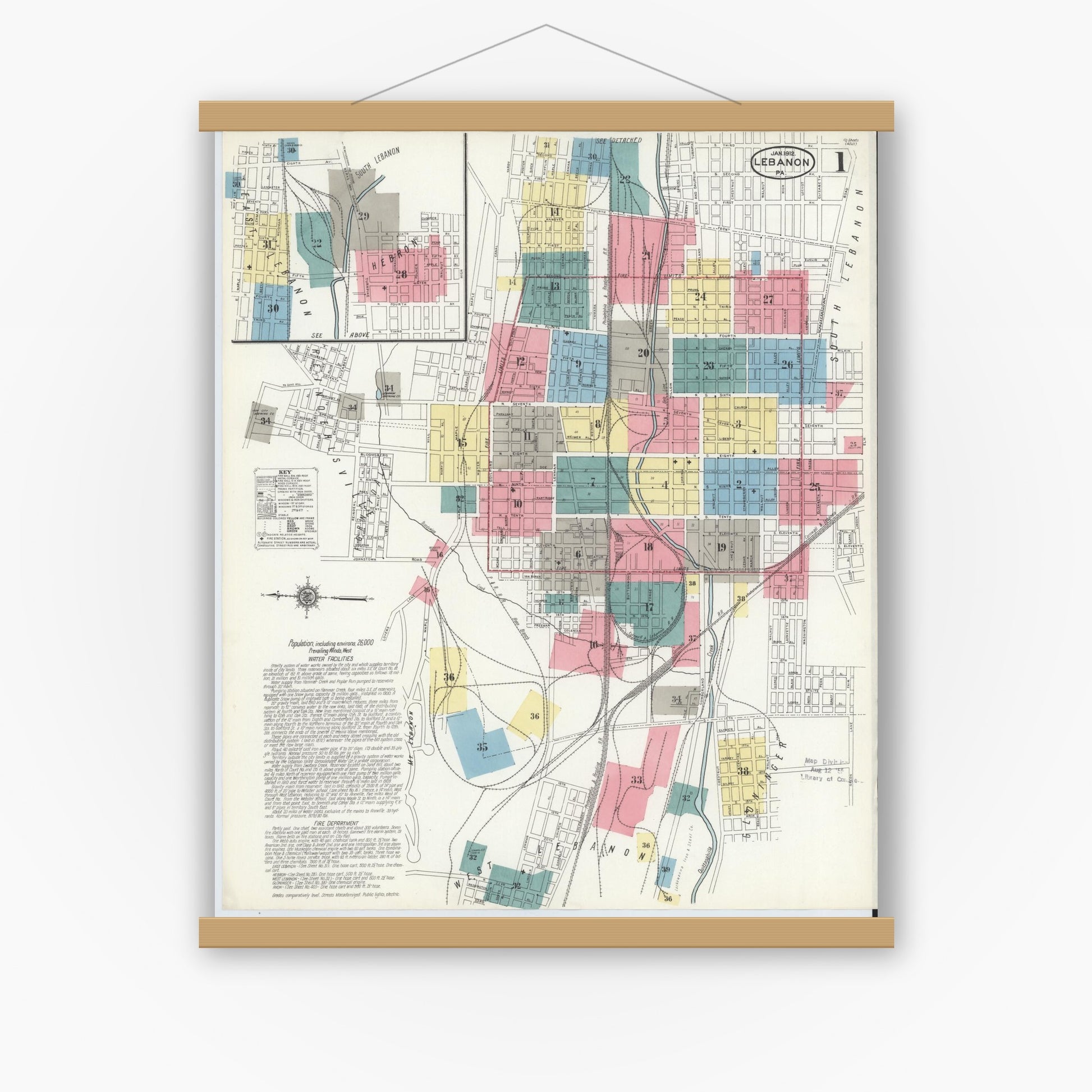 Old map wall art mockup — magnetic wood frame on white wall — Sanborn Fire Insurance Map from Lebanon, Lebanon County, Pennsylvania (1912), Sheet #0001