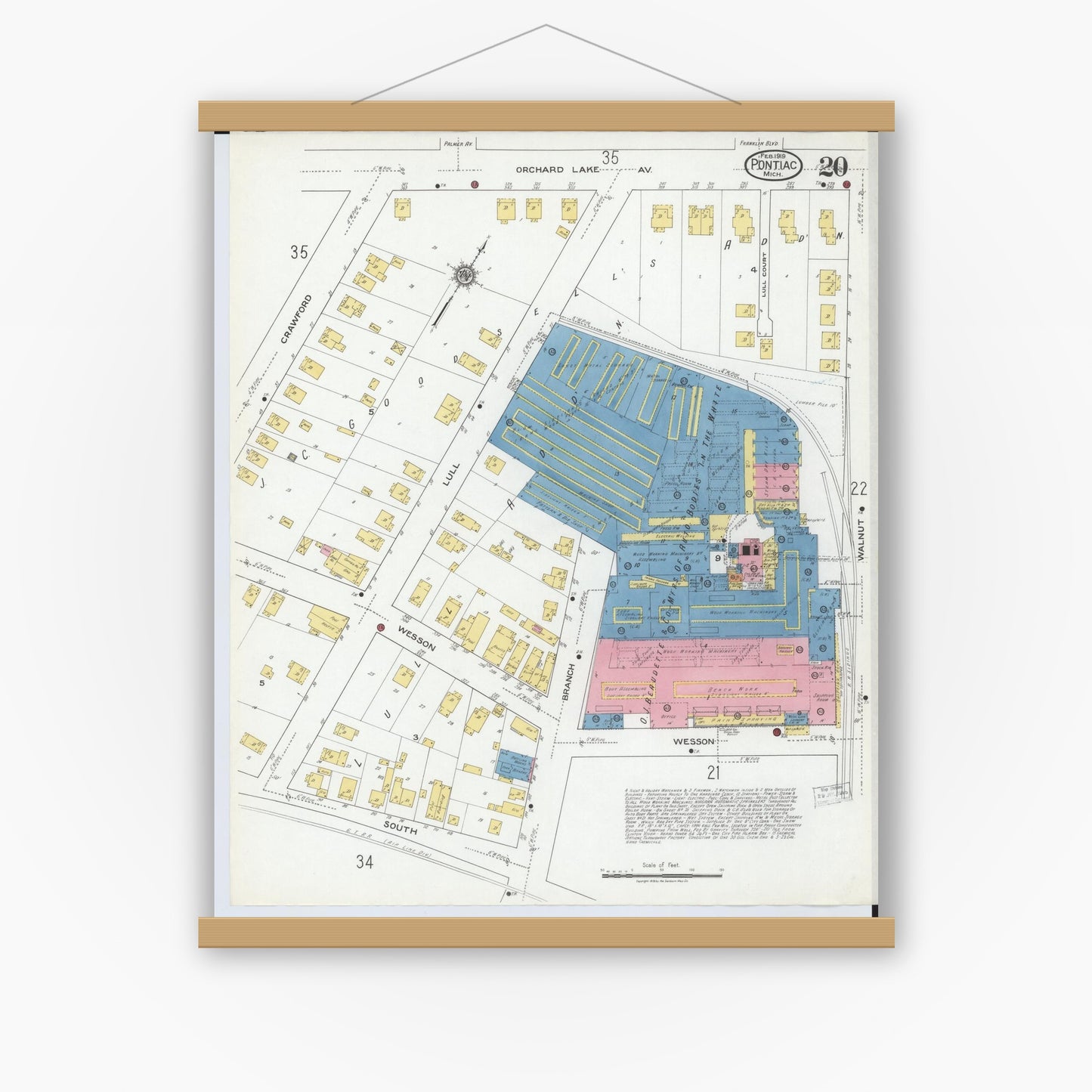 Old map wall art mockup — magnetic wood frame on white wall — Sanborn Fire Insurance Map from Pontiac, Oakland County, Michigan (1919), Sheet #0020