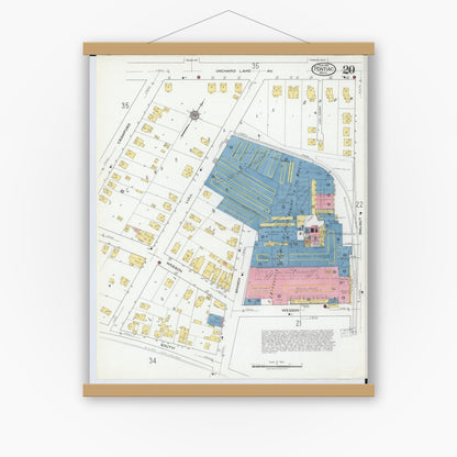 Old map wall art mockup — magnetic wood frame on white wall — Sanborn Fire Insurance Map from Pontiac, Oakland County, Michigan (1919), Sheet #0020