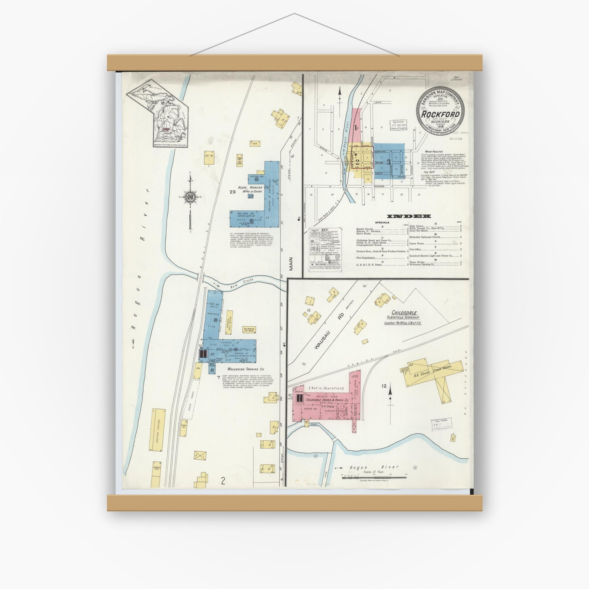 Old map wall art mockup — magnetic wood frame on white wall — Sanborn Fire Insurance Map from Rockford, Kent County, Michigan (1918) - Complete Map Set